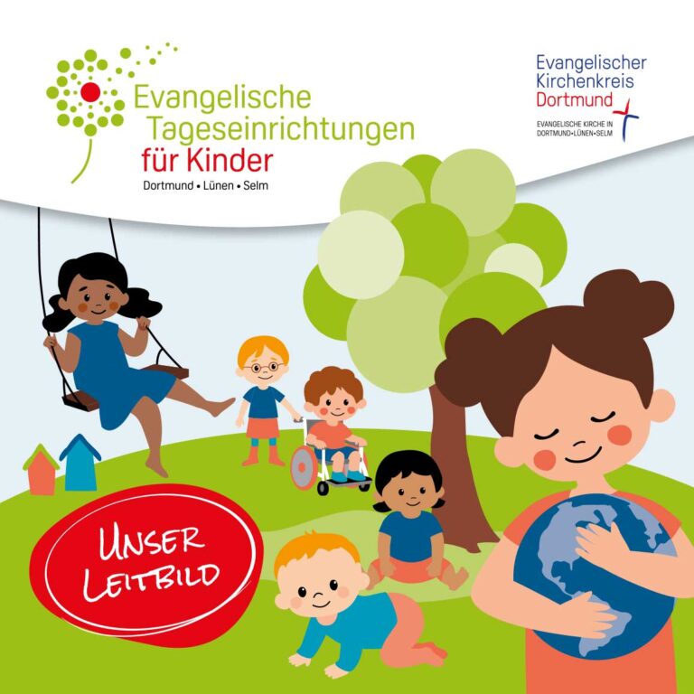 Leitbild-Cover der Evangelischen Tageseinrichtungen für Kinder mit gezeichneten Kindern in einer Spielszene im Freien und dem Schriftzug ‚Unser Leitbild‘